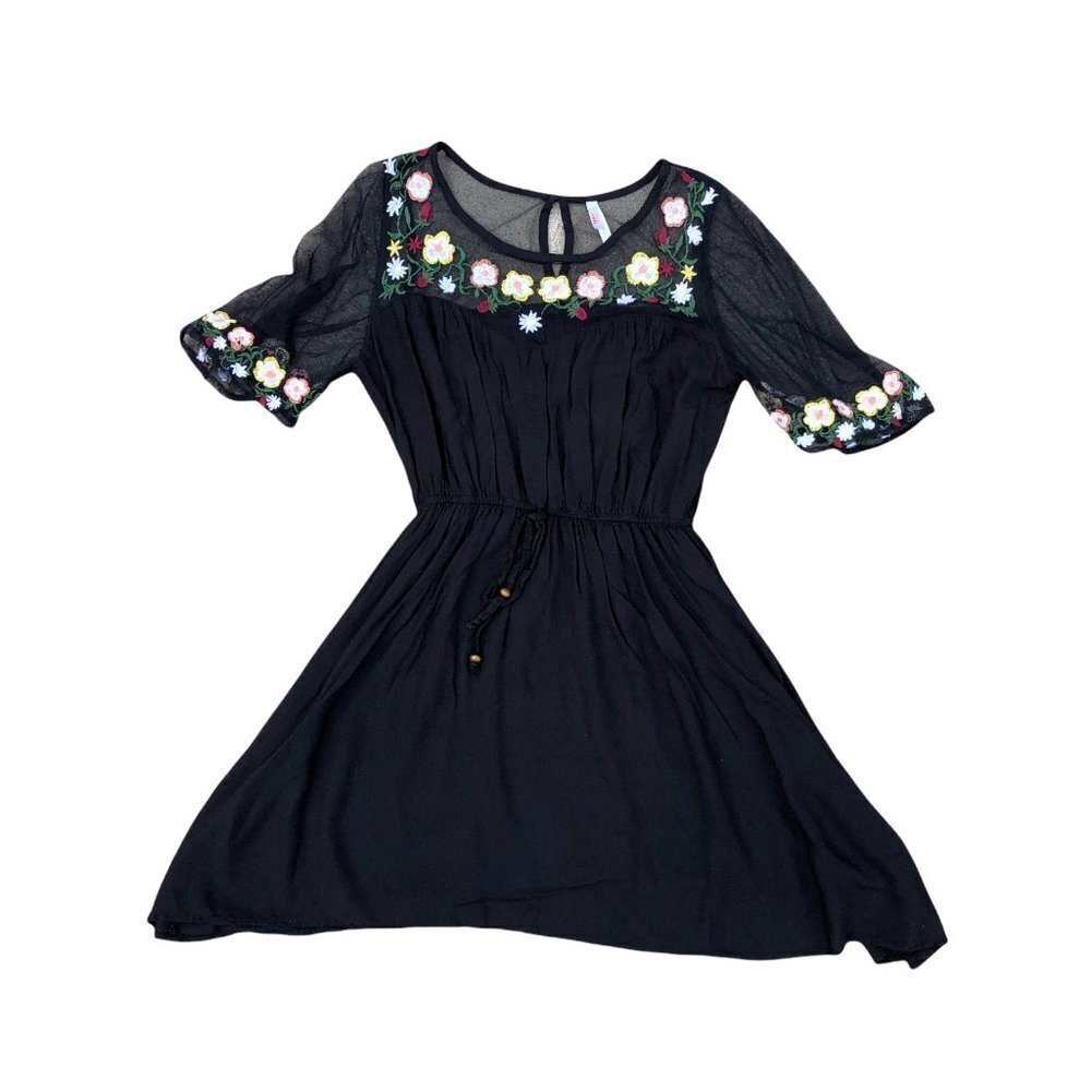 TRUE DESTINY Sheer Shoulders Dress Women's SMALL Black Floral Above Knee…​​